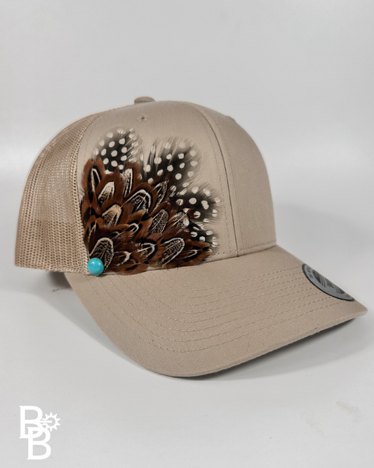 Khaki Feather Trucker Hat
